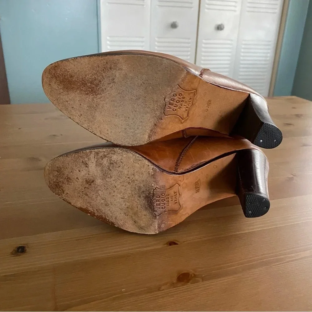 Hana Mackler Cognac 100% Genuine Leather Ankle Boots 8 AA Narrow VTG 80s 4” Heel - Picture 12 of 13